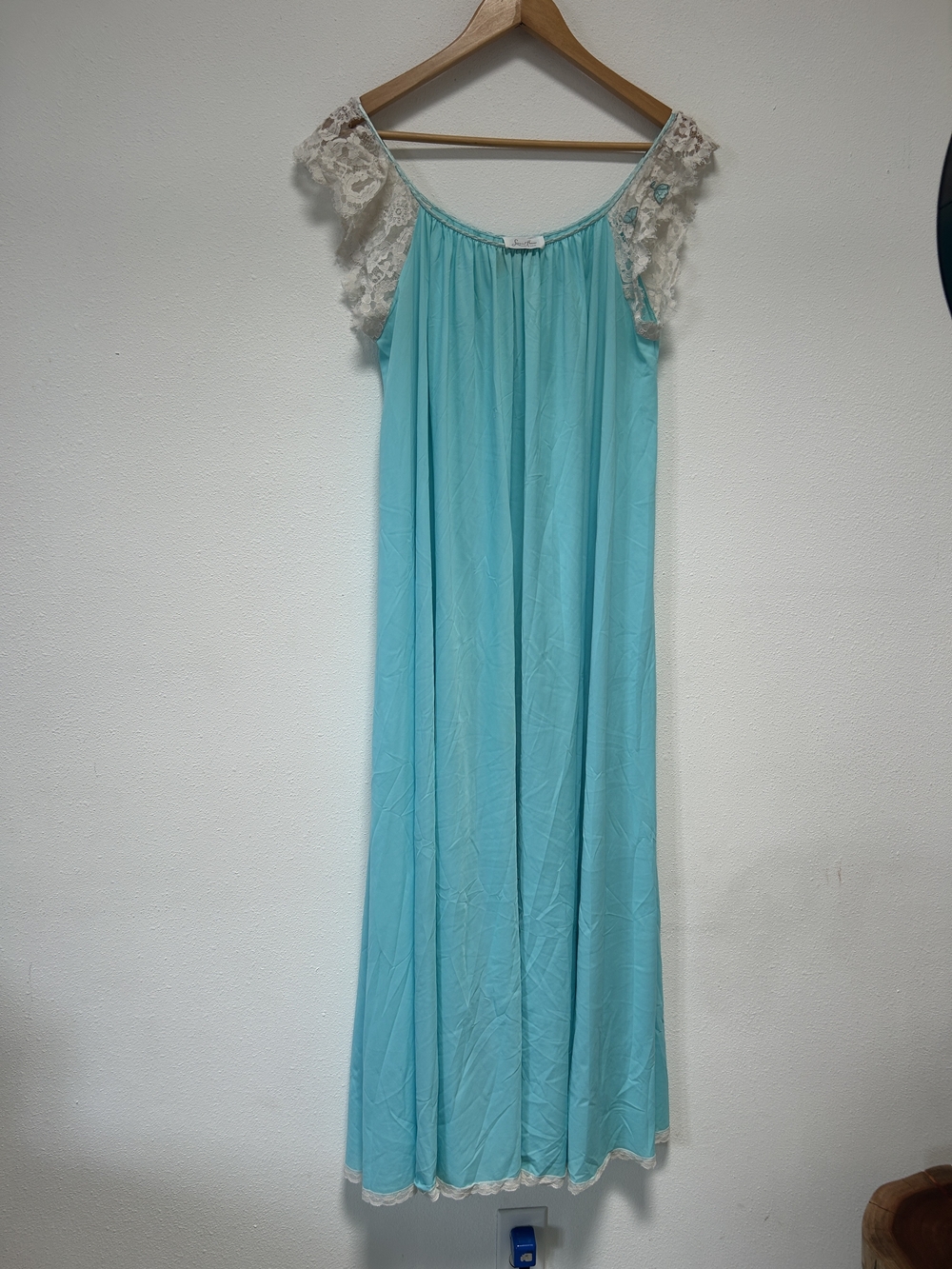 Aqua Blue Maxi Nightgown with Lace Cap Sleeves